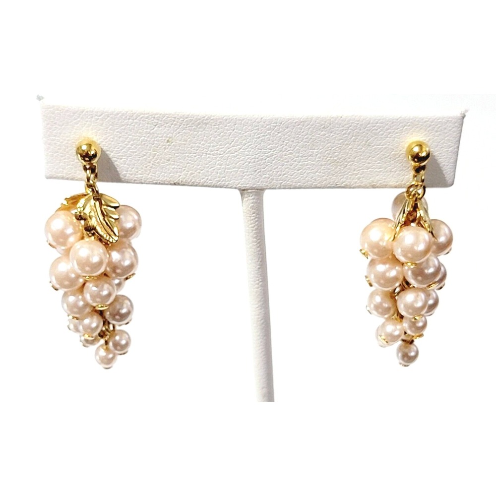 Vintage Pink Earrings Pearl Grape Waterfall Gold Tone Leaf Pierced Dangle